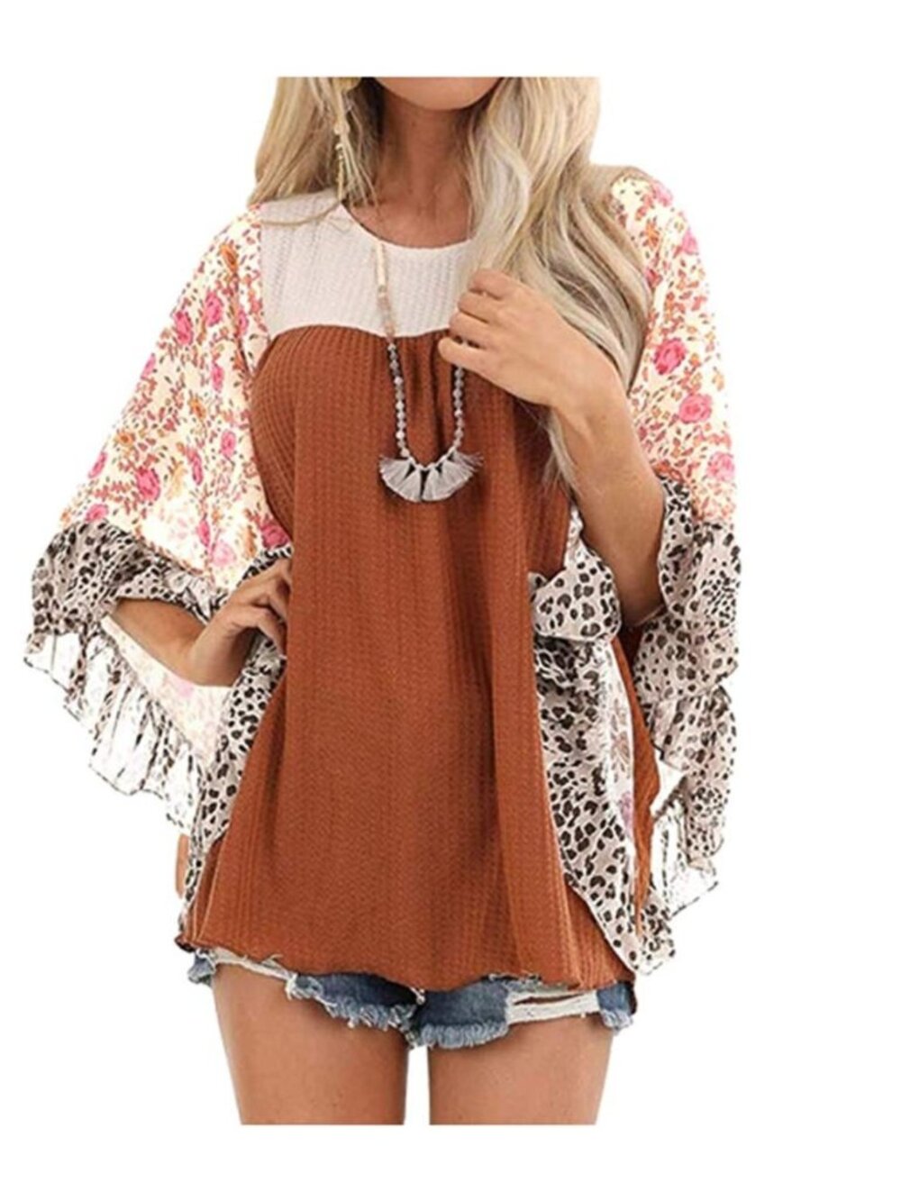 Womens Floral Printed 3 4 Sleeve Shirt Batwing Loose Tops Blouses Pullover